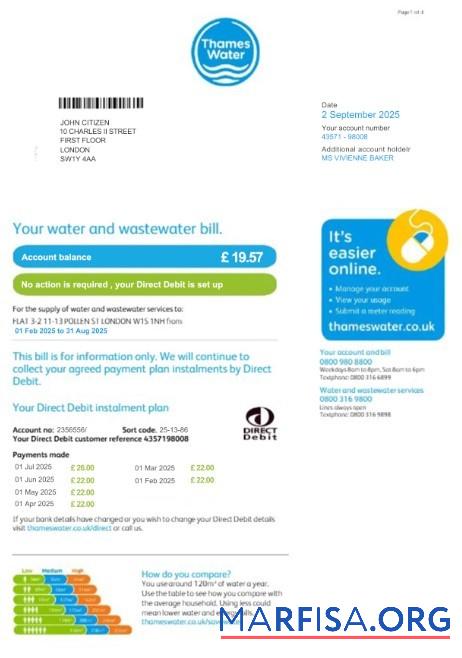 Downloadable United Kingdom Thames Water utility bill template in PSD format, version 2